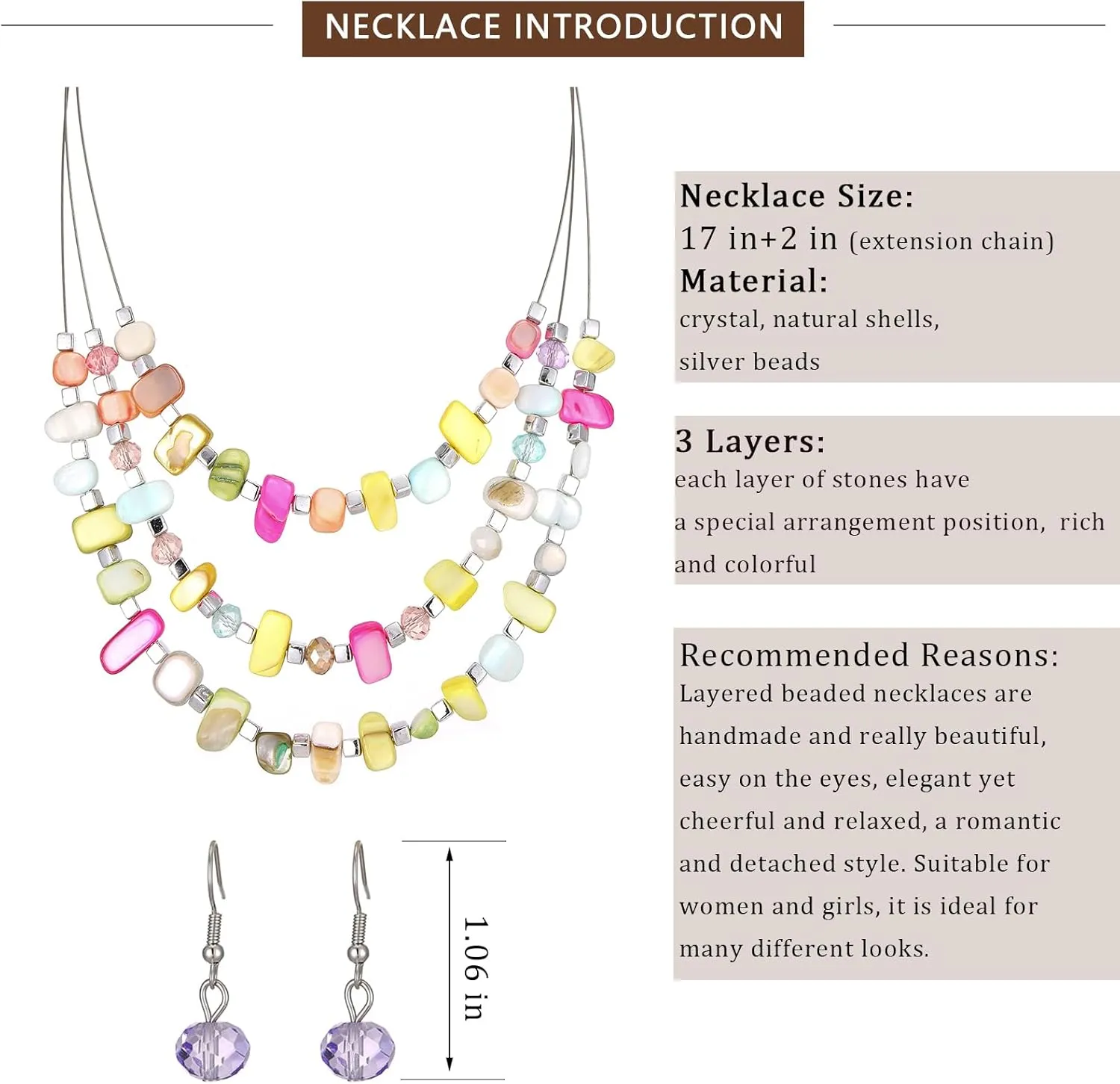3 Layered Chunky Statement Necklace for Women Beaded Strand Necklaces with Earring Fashion Costumes Collar Necklace Jewelry Sets Gifts for Women