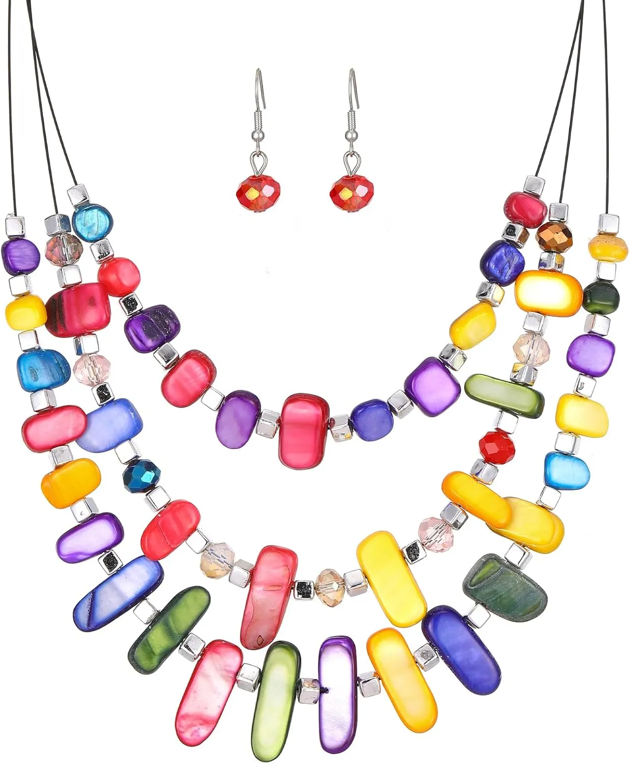 3 Layered Chunky Statement Necklace for Women Beaded Strand Necklaces with Earring Fashion Costumes Collar Necklace Jewelry Sets Gifts for Women