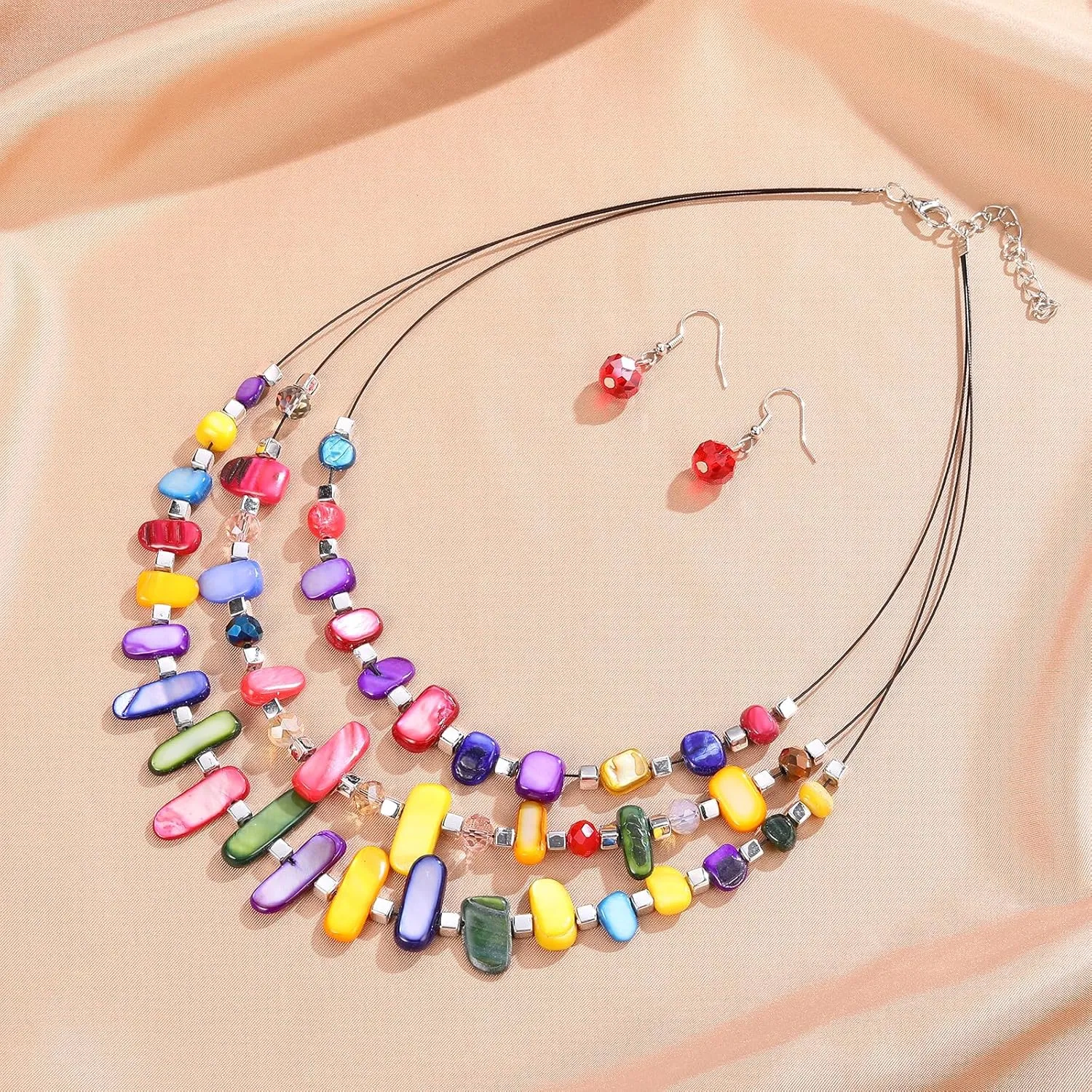 3 Layered Chunky Statement Necklace for Women Beaded Strand Necklaces with Earring Fashion Costumes Collar Necklace Jewelry Sets Gifts for Women