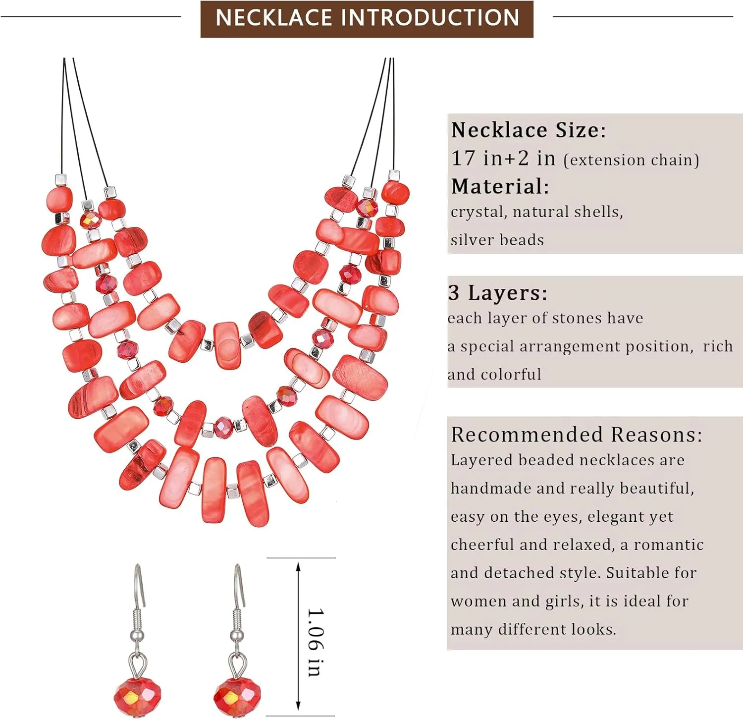 3 Layered Chunky Statement Necklace for Women Beaded Strand Necklaces with Earring Fashion Costumes Collar Necklace Jewelry Sets Gifts for Women