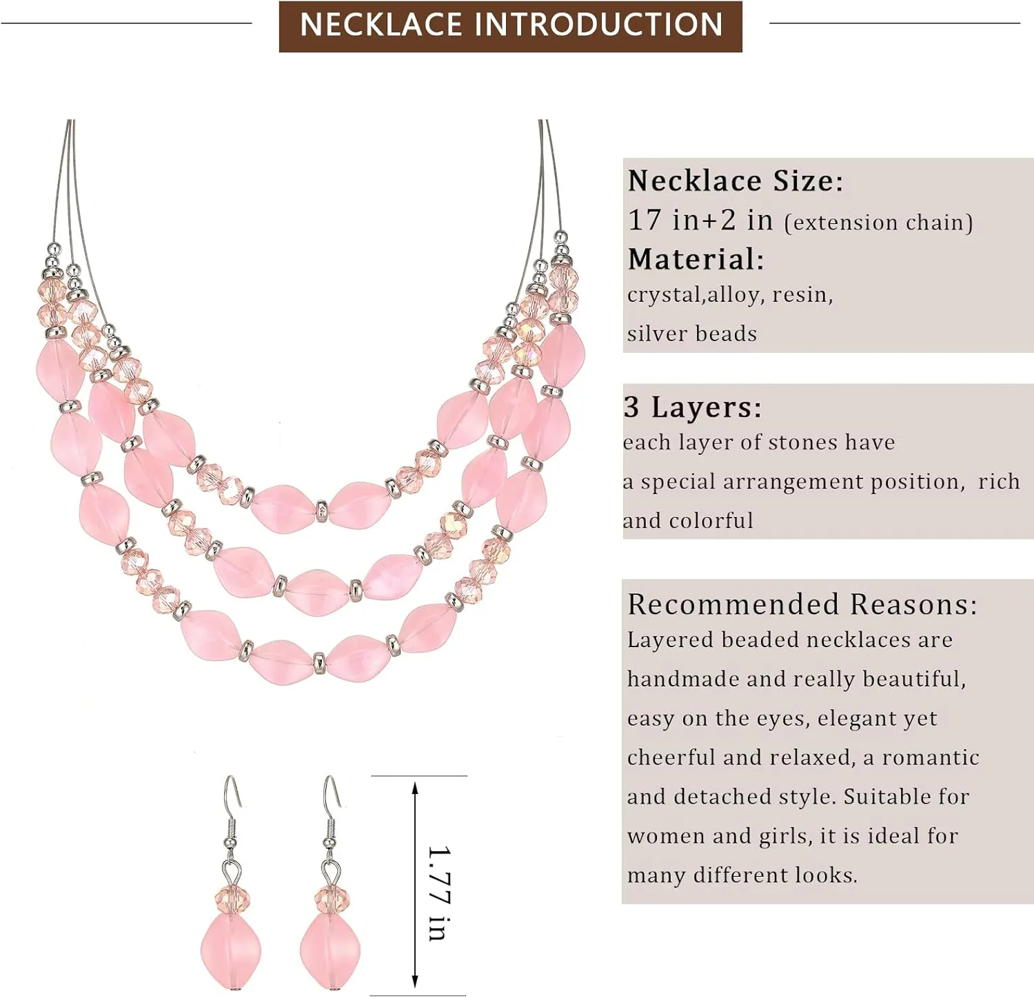 3 Layered Chunky Statement Necklace for Women Beaded Strand Necklaces with Earring Fashion Costumes Collar Necklace Jewelry Sets Gifts for Women