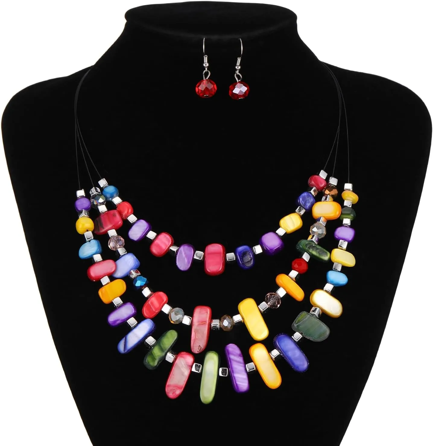 3 Layered Chunky Statement Necklace for Women Beaded Strand Necklaces with Earring Fashion Costumes Collar Necklace Jewelry Sets Gifts for Women