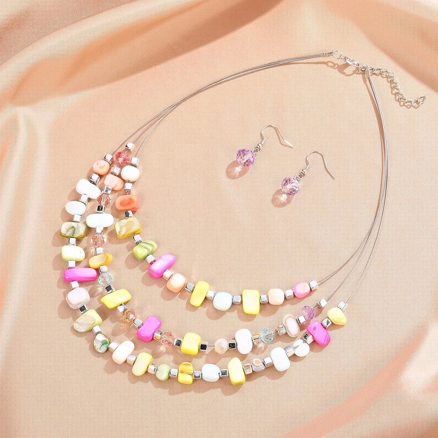 3 Layered Chunky Statement Necklace for Women Beaded Strand Necklaces with Earring Fashion Costumes Collar Necklace Jewelry Sets Gifts for Women