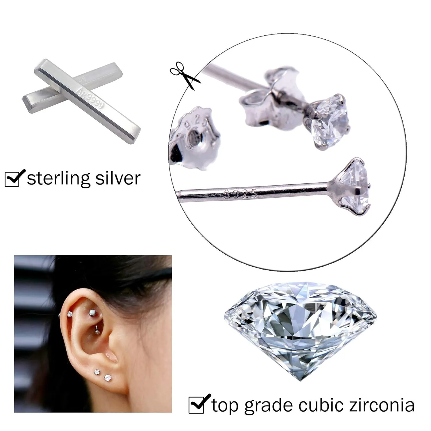 3 MM Cubic Zirconia Small Diamond Studs Earrings Sterling Silver Post Earrings for Piercing, Crystal Clear