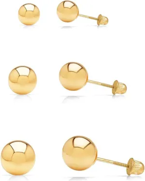 3 Pair Set 14k Gold Ball Stud Earrings 3mm, 4mm, 5mm with Secure Screw-Backs