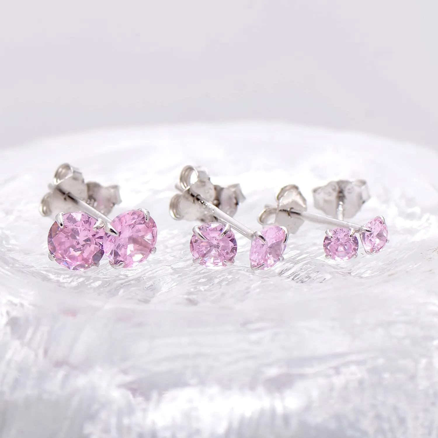 3 Pairs Pink Cubic Zirconia Earrings Studs, Sterling Silver Studs Earrings Set 3MM 4MM 5MM