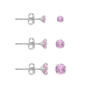 3 Pairs Pink Cubic Zirconia Earrings Studs, Sterling Silver Studs Earrings Set 3MM 4MM 5MM