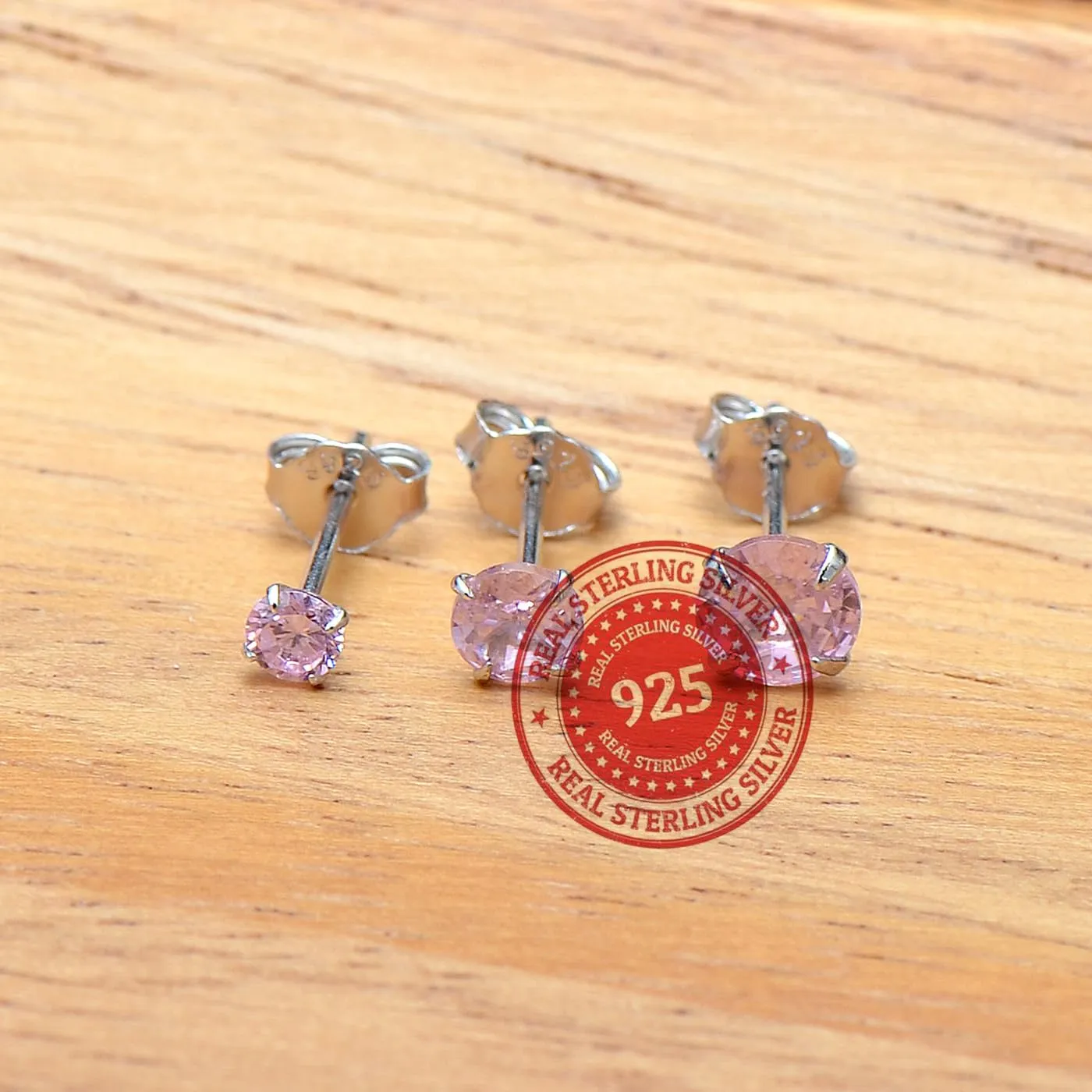 3 Pairs Pink Cubic Zirconia Earrings Studs, Sterling Silver Studs Earrings Set 3MM 4MM 5MM