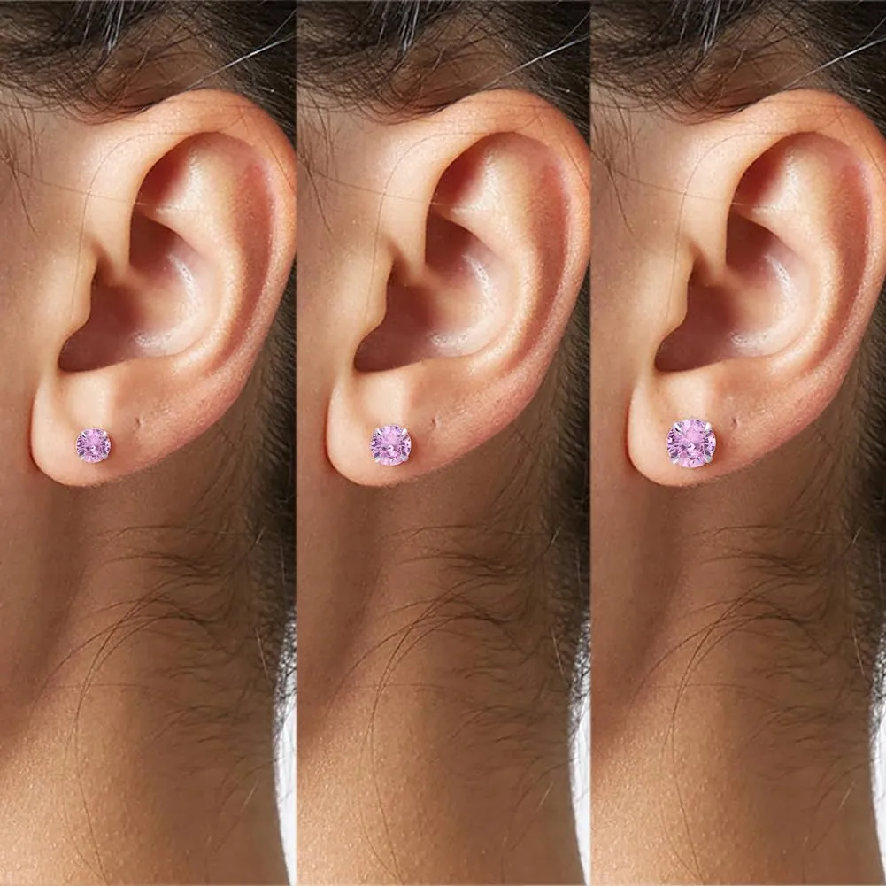 3 Pairs Pink Cubic Zirconia Earrings Studs, Sterling Silver Studs Earrings Set 3MM 4MM 5MM