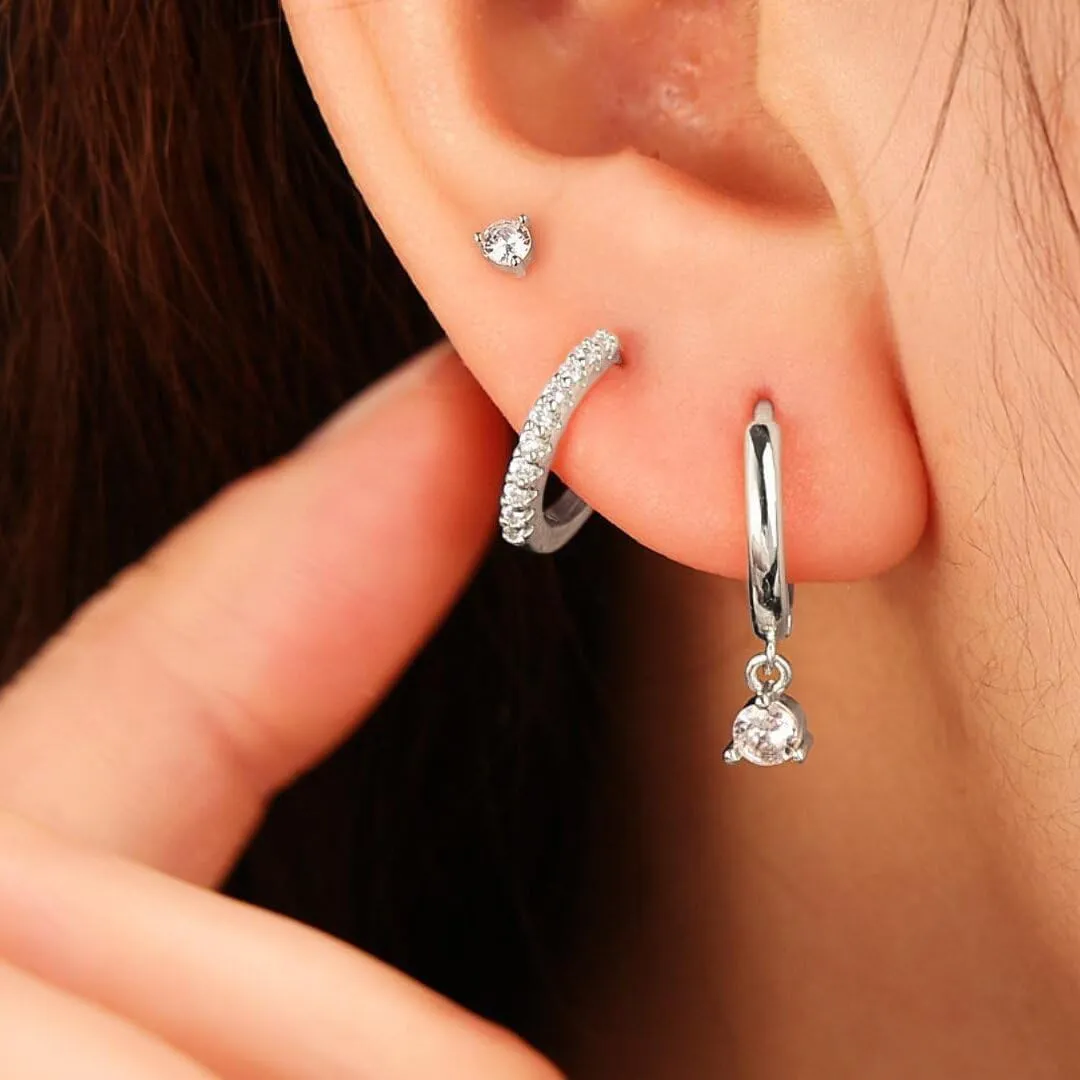 3 Pairs Silver Hoop Earrings Set: Dainty Stud Earrings Trendy Small 925 Sterling Silver Plated Hypoallergenic CZ Dangle Cartilage Huggie Earrings for Women Silver Jewelry for Women