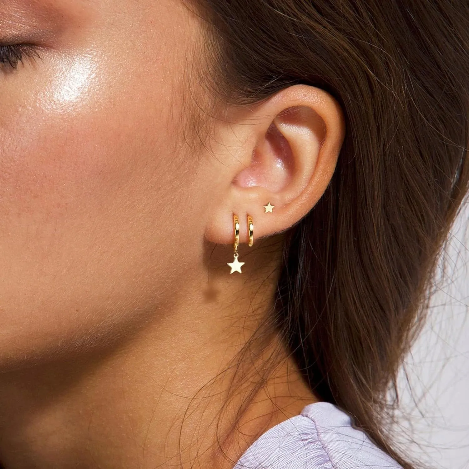 3 Pairs Small Gold Hoop Earring, 14K Gold Plated Earring Stacks Butterfly Heart Star Moon Bow Four Leaf Rhombus Round CZ Pearl Hoop Charm Huggie Earrings for Women Trendy