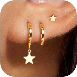 3 Pairs Small Gold Hoop Earring, 14K Gold Plated Earring Stacks Butterfly Heart Star Moon Bow Four Leaf Rhombus Round CZ Pearl Hoop Charm Huggie Earrings for Women Trendy