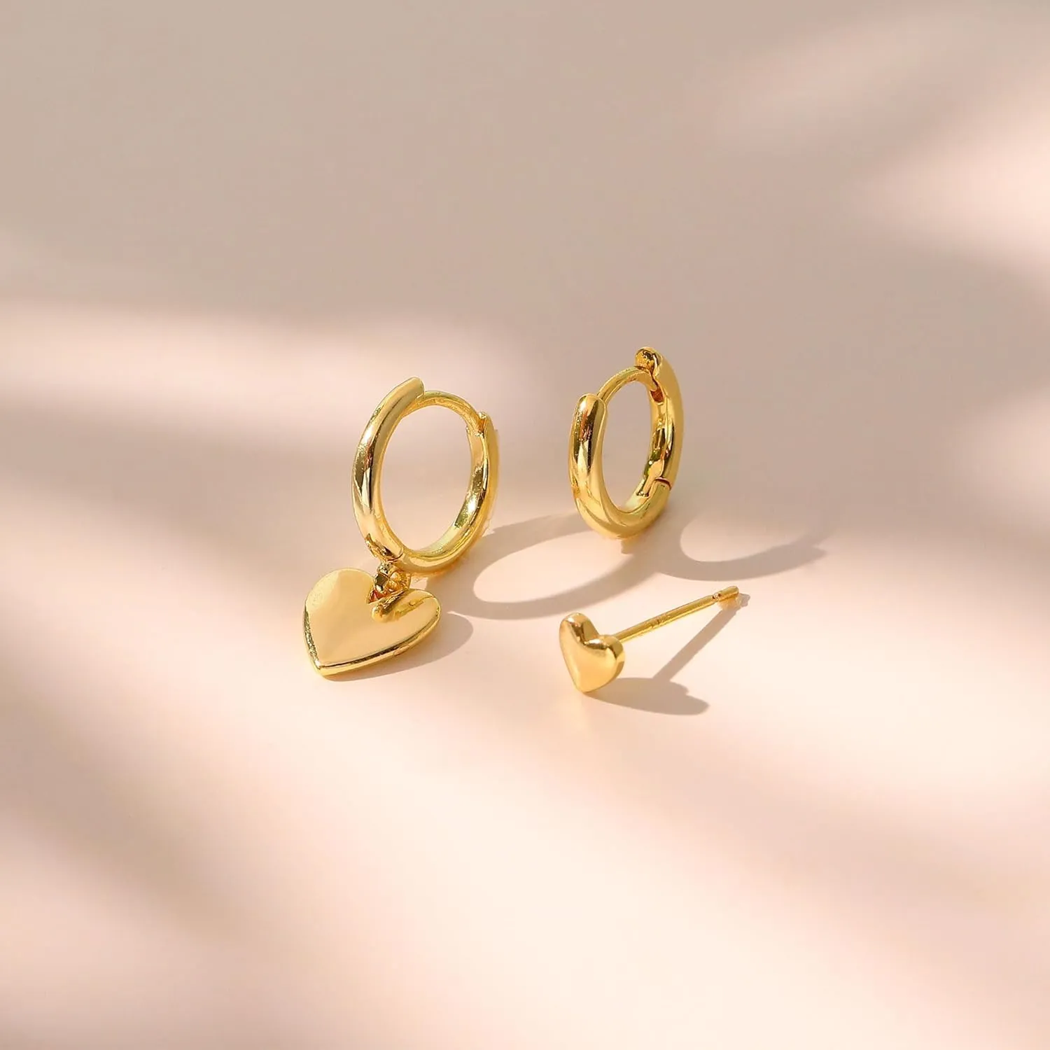 3 Pairs Small Gold Hoop Earring, 14K Gold Plated Earring Stacks Butterfly Heart Star Moon Bow Four Leaf Rhombus Round CZ Pearl Hoop Charm Huggie Earrings for Women Trendy
