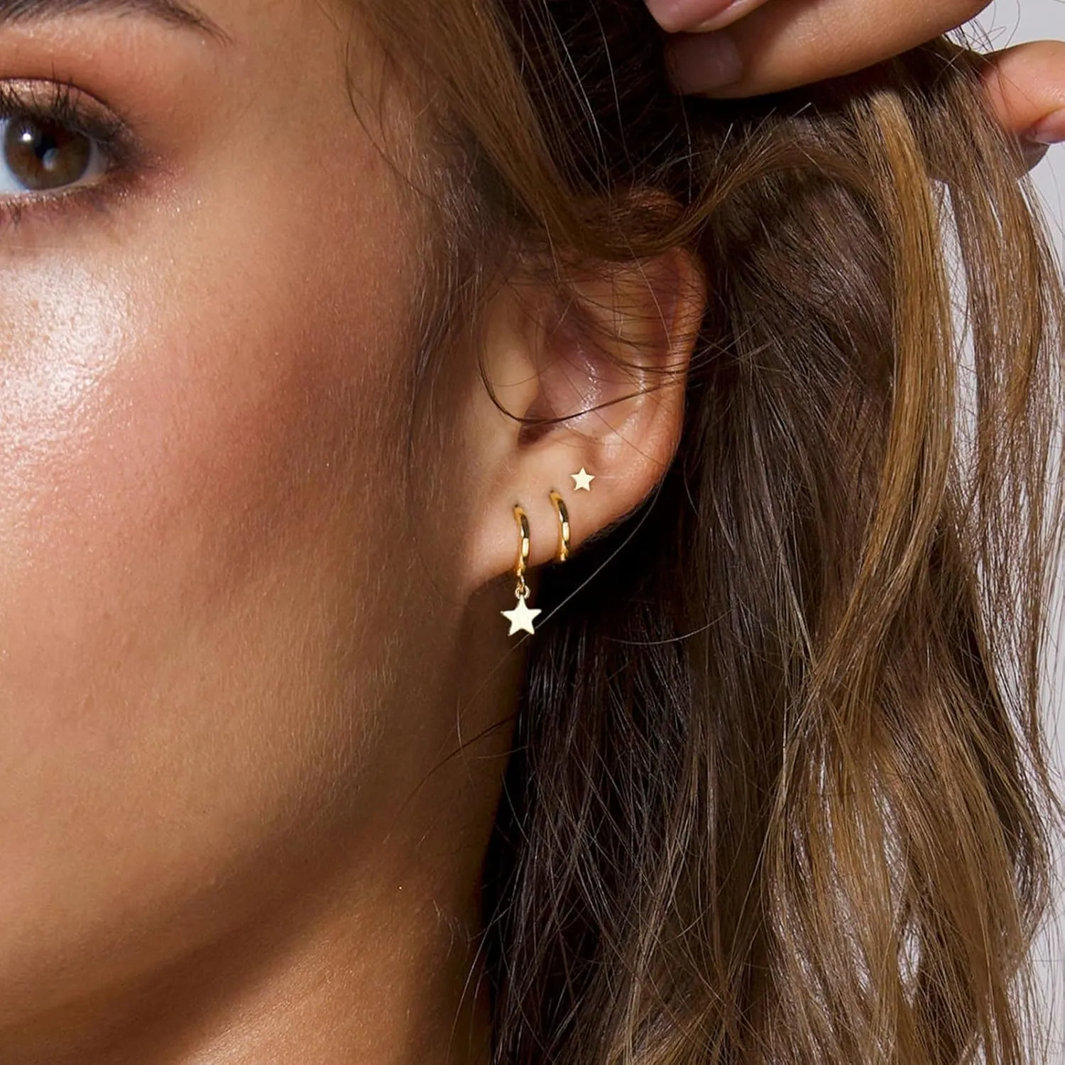 3 Pairs Small Gold Hoop Earring, 14K Gold Plated Earring Stacks Butterfly Heart Star Moon Bow Four Leaf Rhombus Round CZ Pearl Hoop Charm Huggie Earrings for Women Trendy