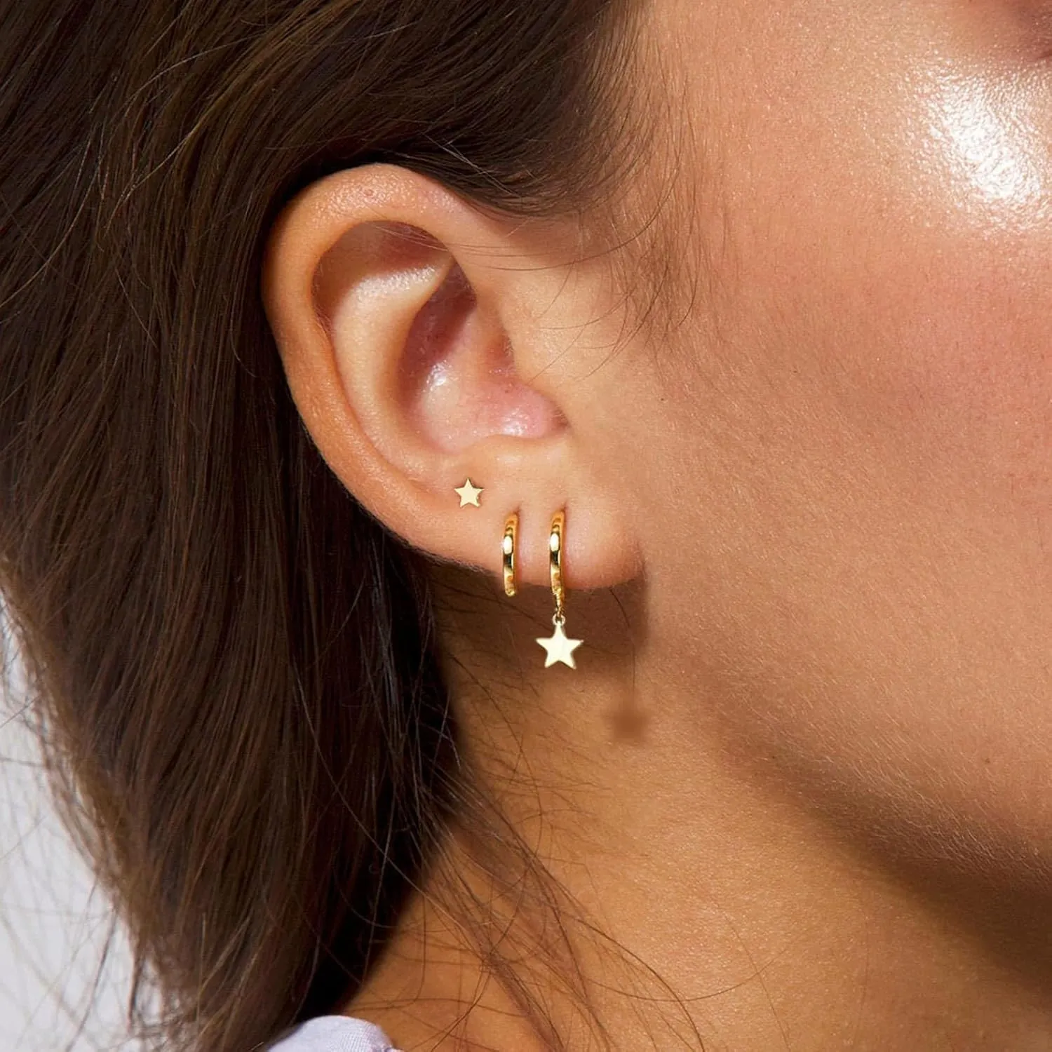 3 Pairs Small Gold Hoop Earring, 14K Gold Plated Earring Stacks Butterfly Heart Star Moon Bow Four Leaf Rhombus Round CZ Pearl Hoop Charm Huggie Earrings for Women Trendy