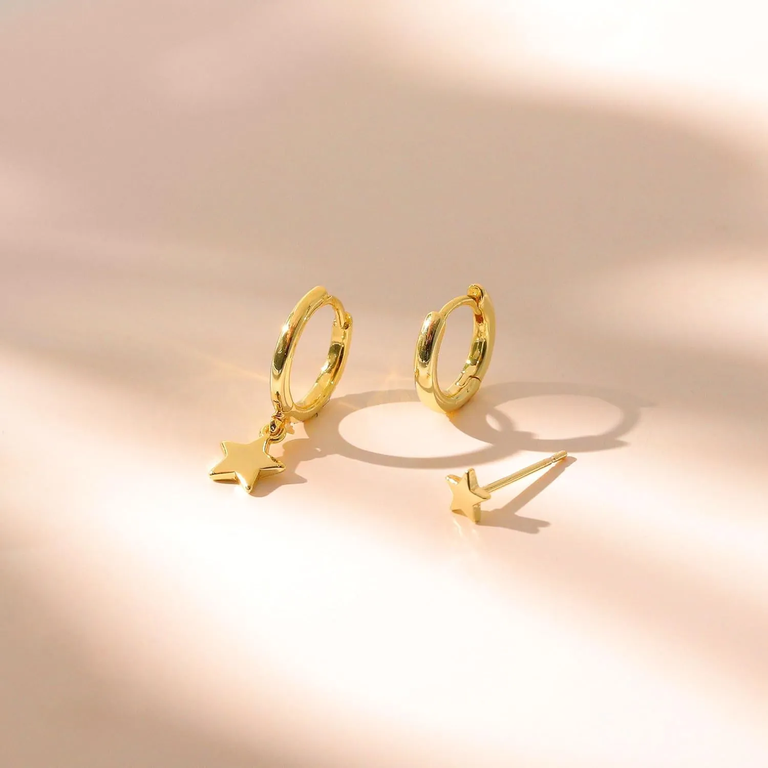 3 Pairs Small Gold Hoop Earring, 14K Gold Plated Earring Stacks Butterfly Heart Star Moon Bow Four Leaf Rhombus Round CZ Pearl Hoop Charm Huggie Earrings for Women Trendy