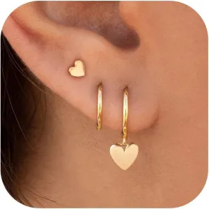 3 Pairs Small Gold Hoop Earring, 14K Gold Plated Earring Stacks Butterfly Heart Star Moon Bow Four Leaf Rhombus Round CZ Pearl Hoop Charm Huggie Earrings for Women Trendy