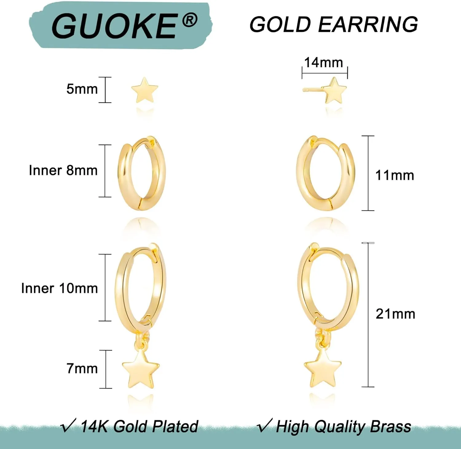 3 Pairs Small Gold Hoop Earring, 14K Gold Plated Earring Stacks Butterfly Heart Star Moon Bow Four Leaf Rhombus Round CZ Pearl Hoop Charm Huggie Earrings for Women Trendy