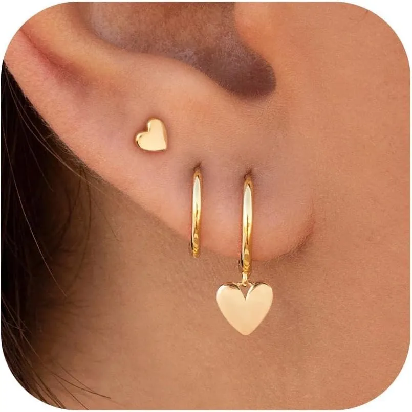 3 Pairs Small Gold Hoop Earring, 14K Gold Plated Earring Stacks Butterfly Heart Star Moon Bow Four Leaf Rhombus Round CZ Pearl Hoop Charm Huggie Earrings for Women Trendy