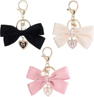 3 Pcs Cute Bow Keychain for Women, Purse Charms, Cute Keychain, Bag Charms for Handbags Key Chains for Car Keys Bow Keychain Accessories Pink Black Beige (Shape A)