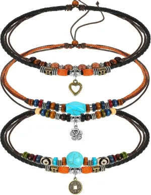 3 Pcs Western Layered Boho Wood Beads Choker Necklace Adjustable Vintage Leather Necklace Bead Choker Boho Jewelry for Women