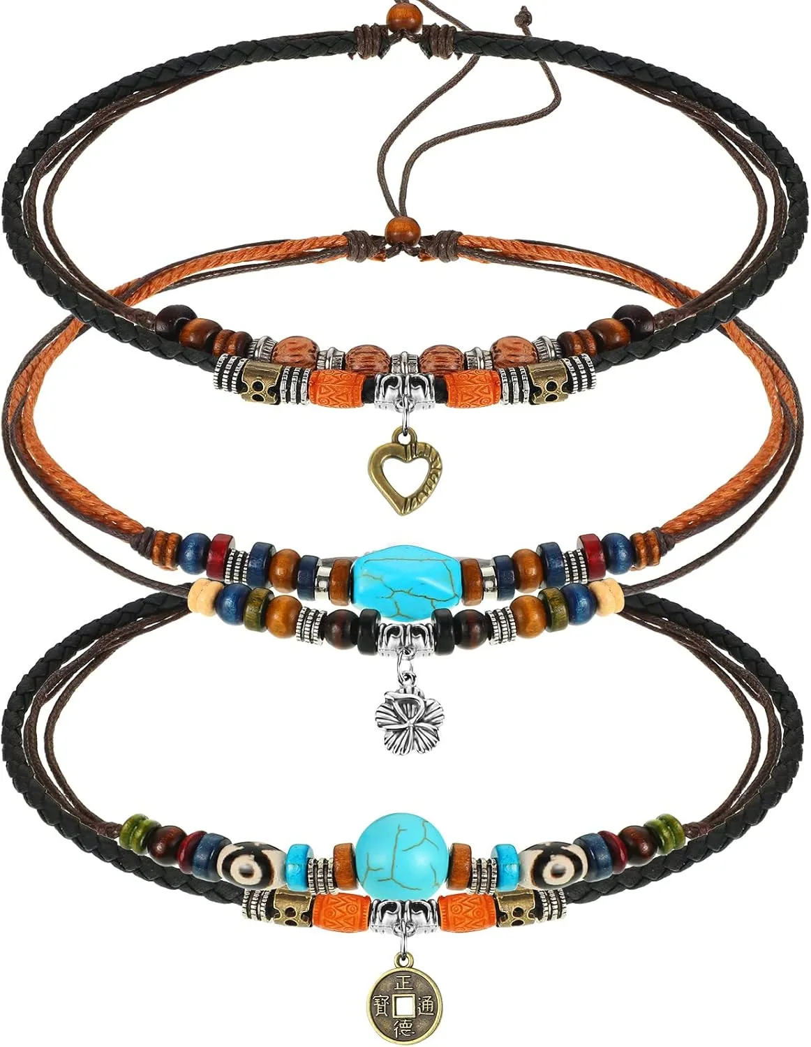 3 Pcs Western Layered Boho Wood Beads Choker Necklace Adjustable Vintage Leather Necklace Bead Choker Boho Jewelry for Women