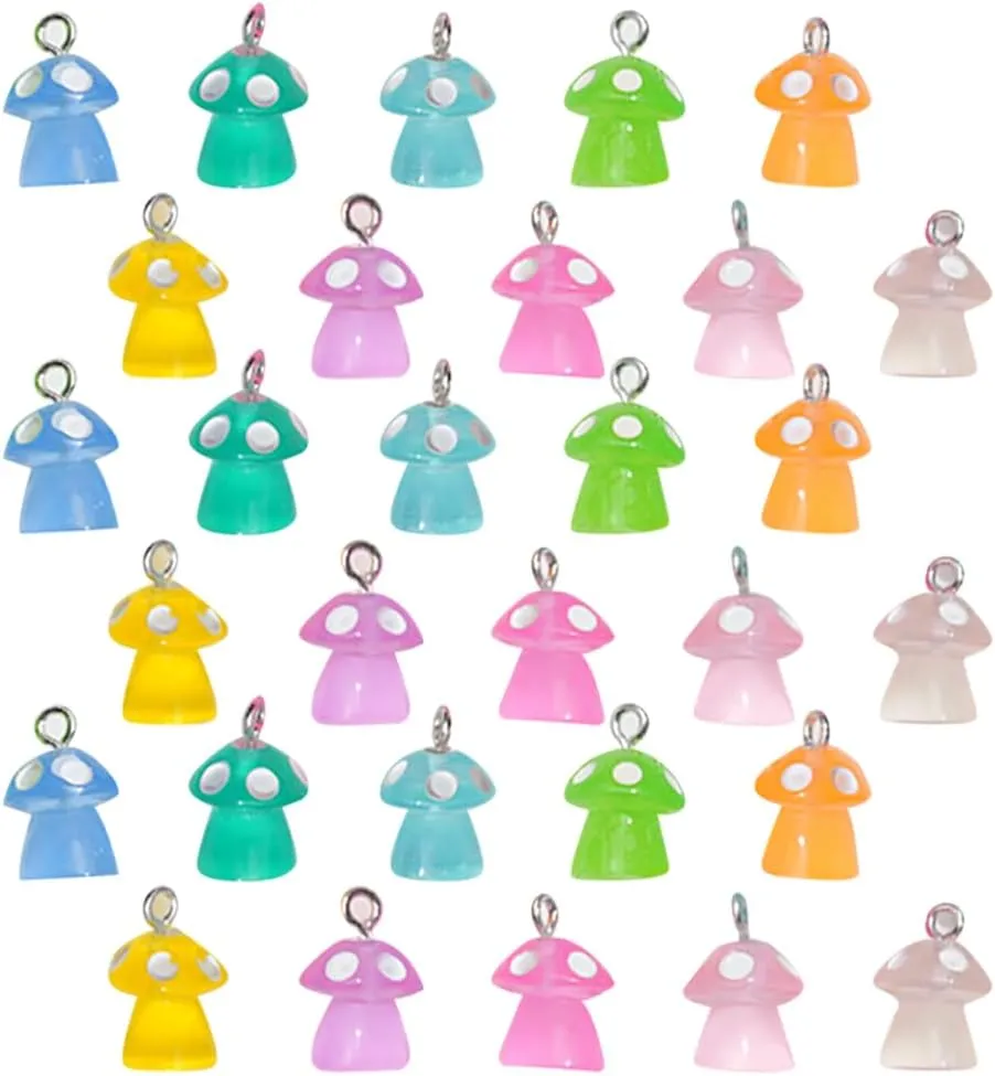 30 Pcs Small Mushroom Pendants Glow in the Dark Charms Bracelet Pendant Charms Colorful Resin Charms Earring Dangle Charms Loose Spacer Beads for Jewelry Making