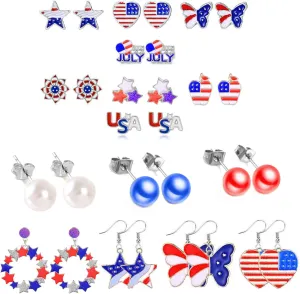 30 Pieces 4th of July Earring Stud Patriotic Earrings Set for Women Enamel Heart Star Butterfly USA Flag Earring Hypoallergenic Independence Day Earrings Jewelry Accessories