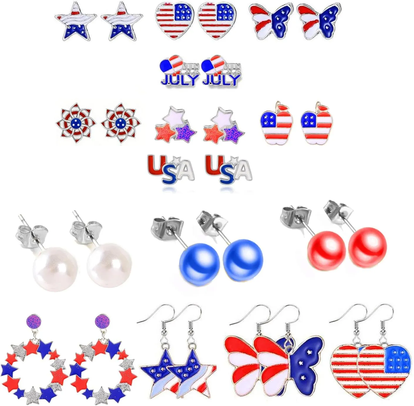 30 Pieces 4th of July Earring Stud Patriotic Earrings Set for Women Enamel Heart Star Butterfly USA Flag Earring Hypoallergenic Independence Day Earrings Jewelry Accessories