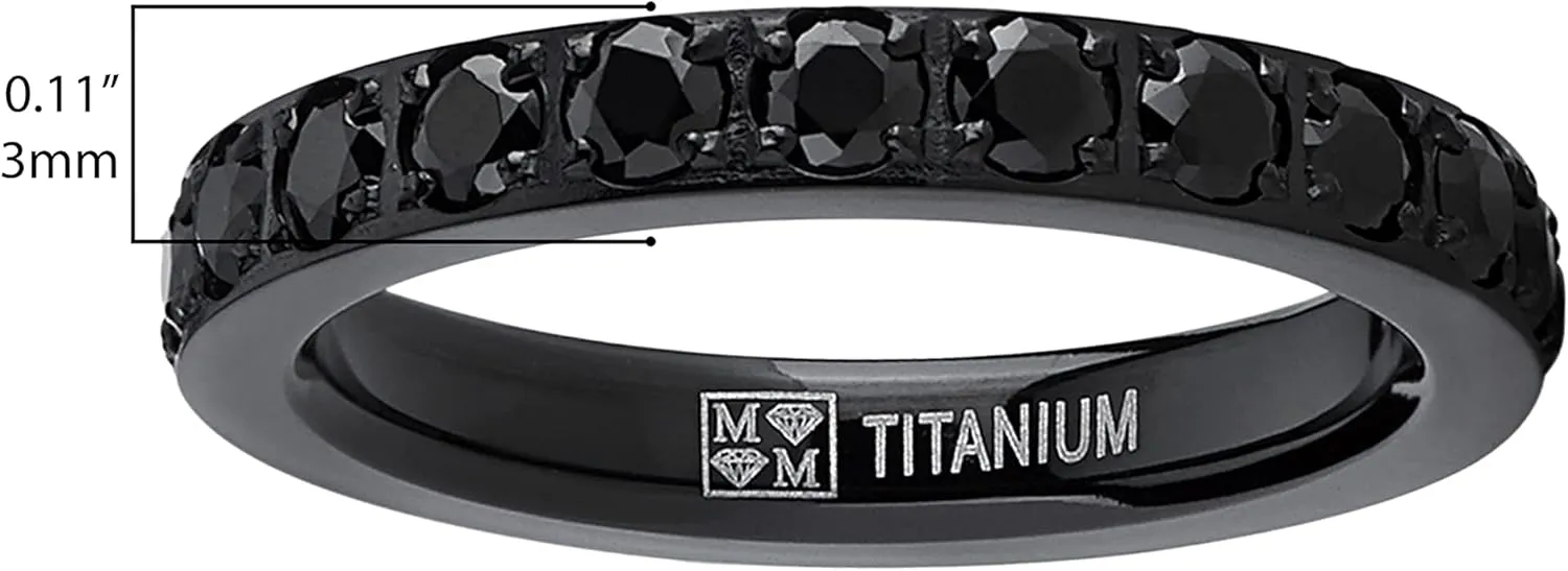 3MM 1.75Ct Womens Black Titanium Eternity Engagement Band Wedding Ring Black Pave Set Cubic Zirconia