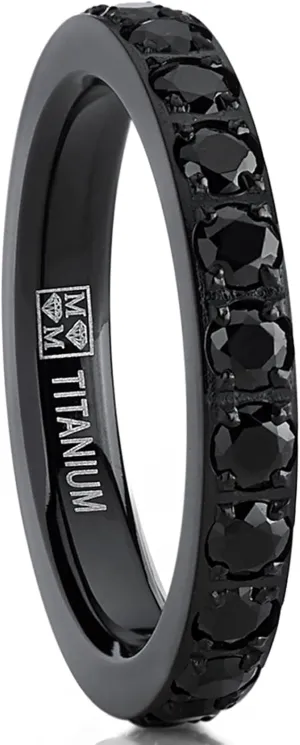 3MM 1.75Ct Womens Black Titanium Eternity Engagement Band Wedding Ring Black Pave Set Cubic Zirconia