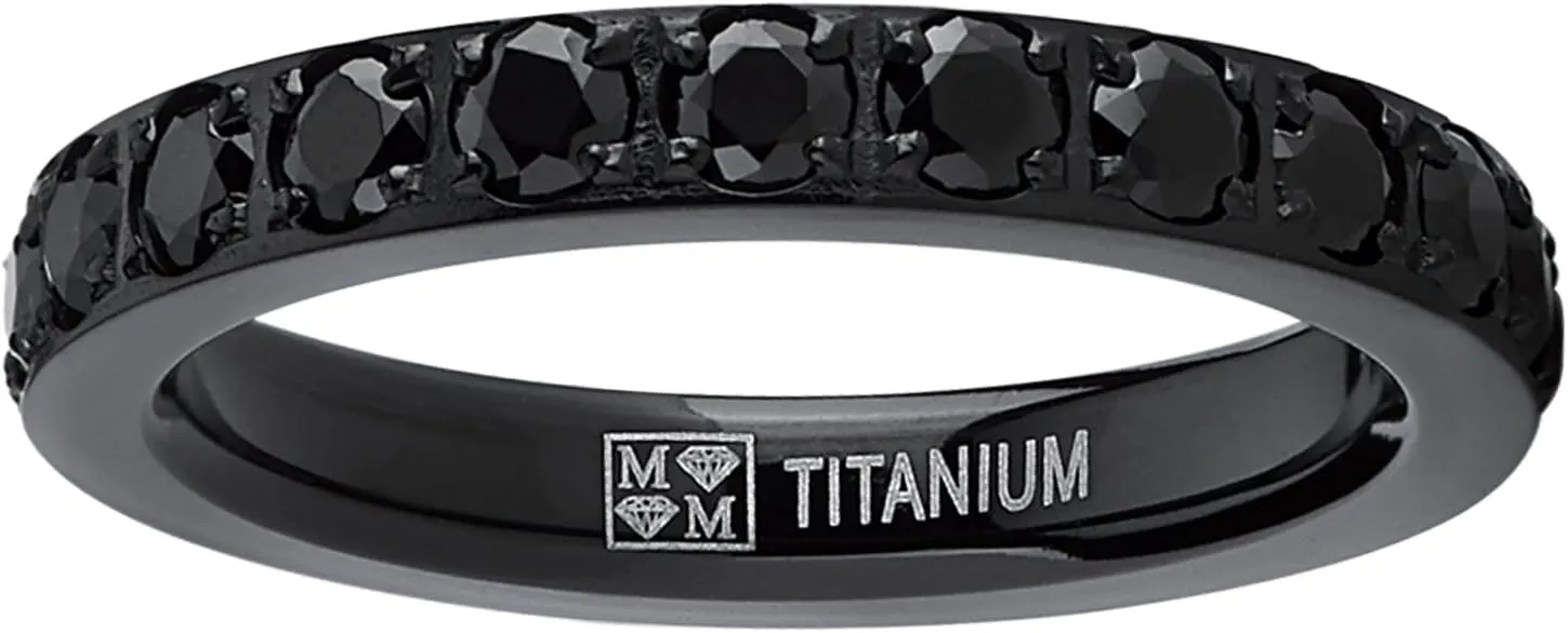 3MM 1.75Ct Womens Black Titanium Eternity Engagement Band Wedding Ring Black Pave Set Cubic Zirconia