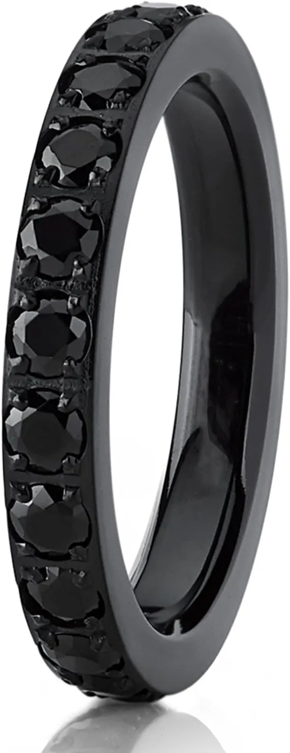 3MM 1.75Ct Womens Black Titanium Eternity Engagement Band Wedding Ring Black Pave Set Cubic Zirconia