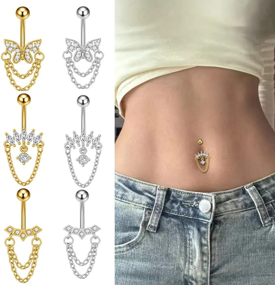 3Pcs 14G Stainless Steel Chains Dangle Belly Button Rings Studs for Women Dangling CZ Rhinestone Chain Belly Navel Rings Navel Piercing Barbell Dainty Body Piercing Jewelry