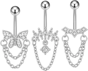 3Pcs 14G Stainless Steel Chains Dangle Belly Button Rings Studs for Women Dangling CZ Rhinestone Chain Belly Navel Rings Navel Piercing Barbell Dainty Body Piercing Jewelry