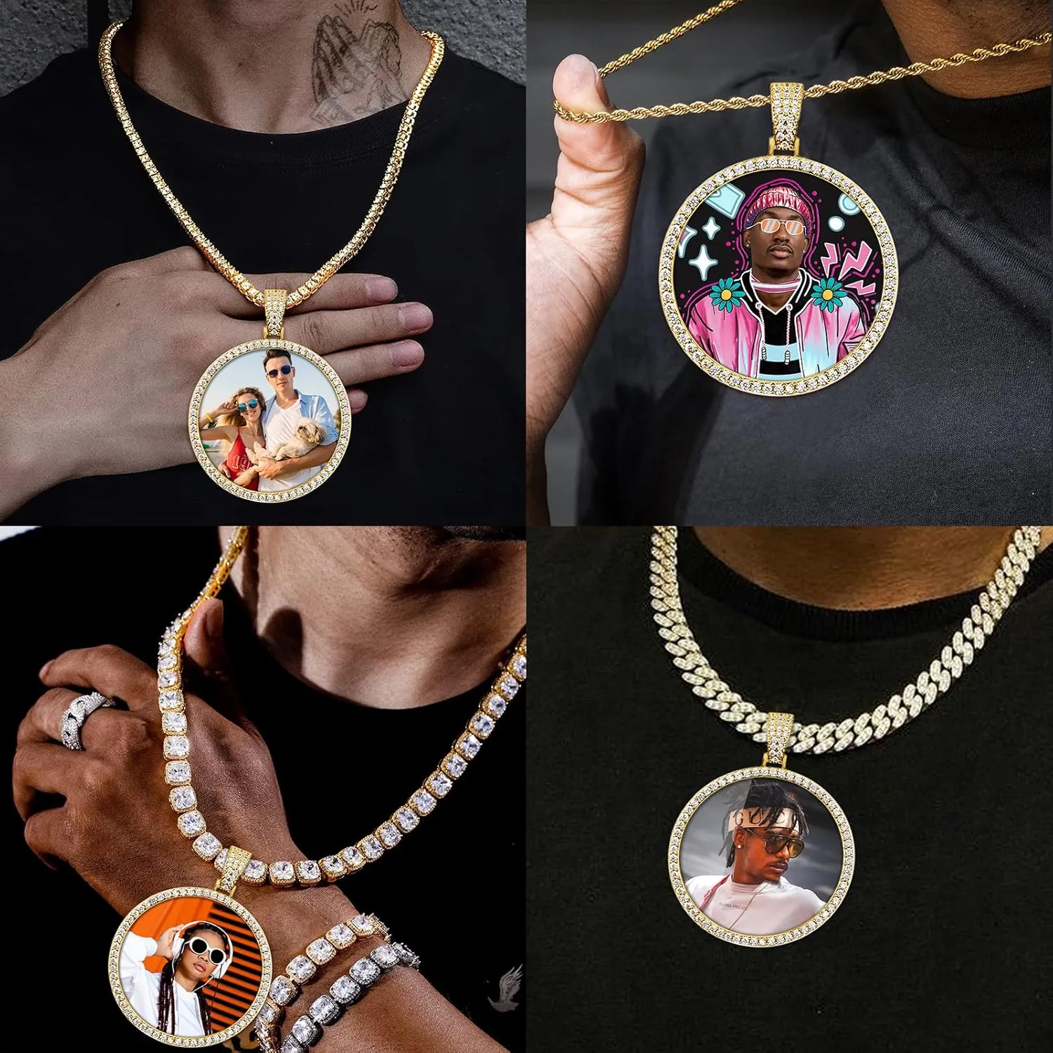 3UMeter Personalized Large Photo Necklace Custom Chain with Picture Pendant Necklace for Men Women Oversize Pendant Memorial Necklace with Picture Hip Hop Jewelry Personalized Gift