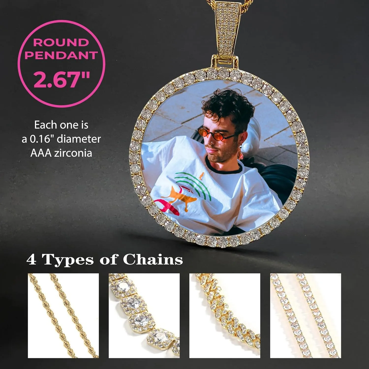3UMeter Personalized Large Photo Necklace Custom Chain with Picture Pendant Necklace for Men Women Oversize Pendant Memorial Necklace with Picture Hip Hop Jewelry Personalized Gift