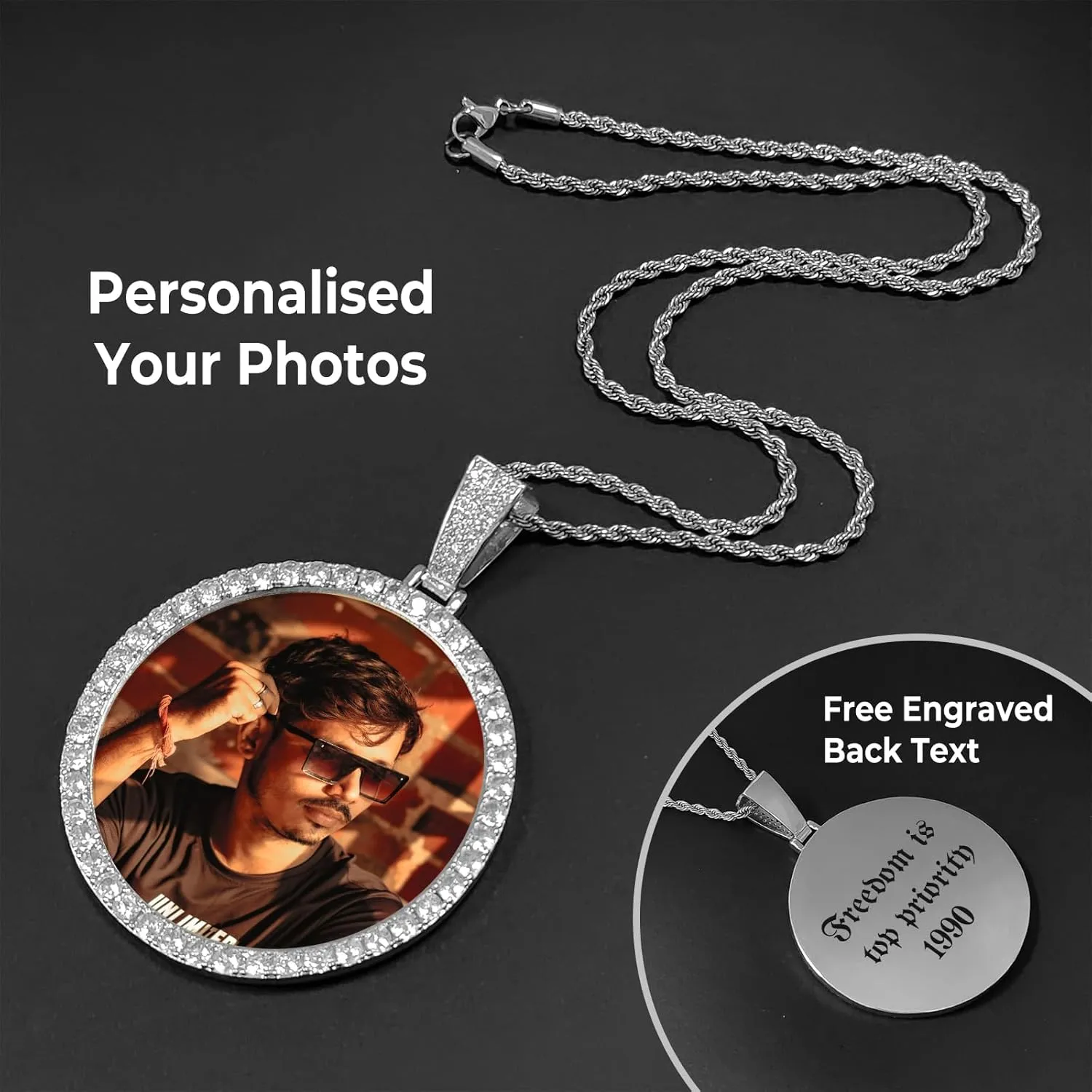 3UMeter Personalized Large Photo Necklace Custom Chain with Picture Pendant Necklace for Men Women Oversize Pendant Memorial Necklace with Picture Hip Hop Jewelry Personalized Gift