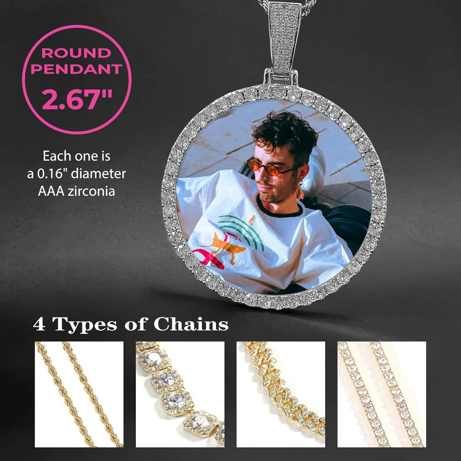 3UMeter Personalized Large Photo Necklace Custom Chain with Picture Pendant Necklace for Men Women Oversize Pendant Memorial Necklace with Picture Hip Hop Jewelry Personalized Gift