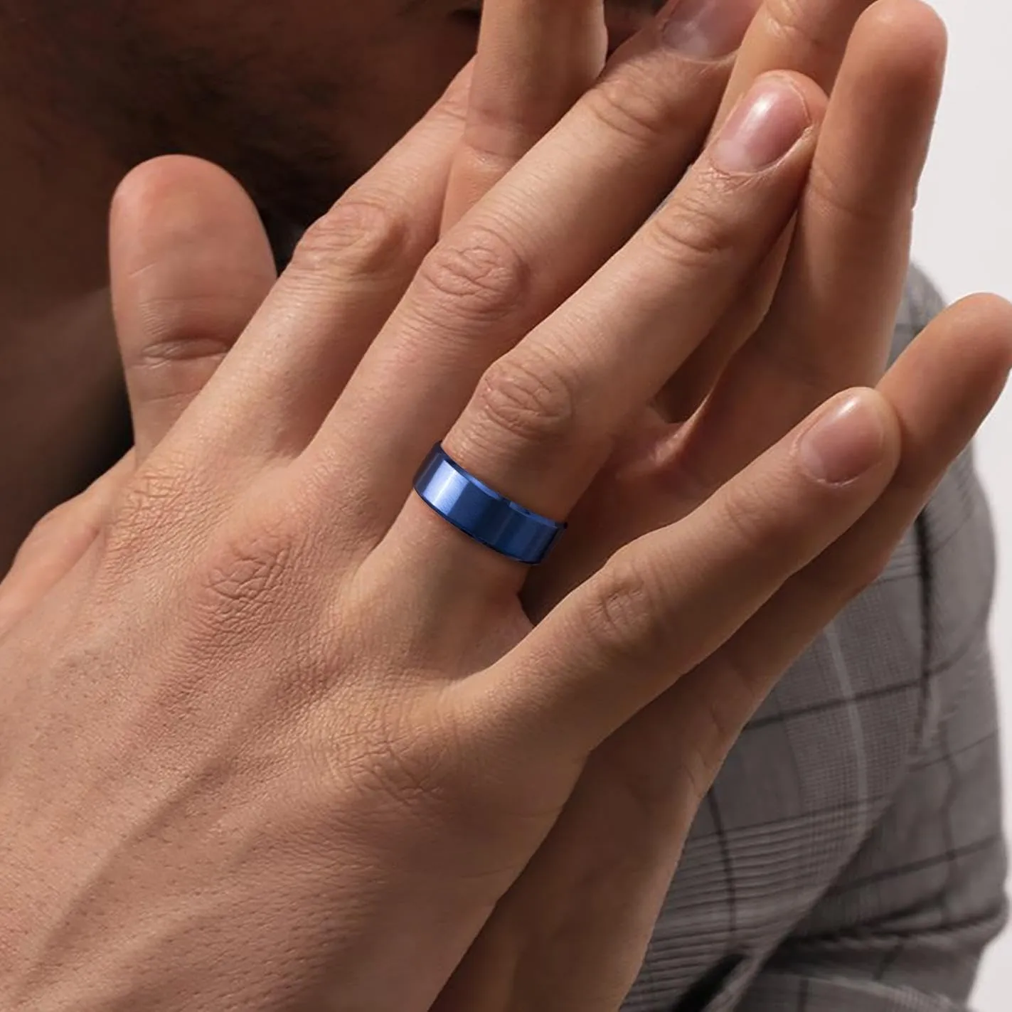 4 Pcs 8 MM Width Mens Rings, Stainless Steel Wedding Bands for men, Gold Silver Black Blue Brushed Finish Beveled Edges Comfort Fit 6-15