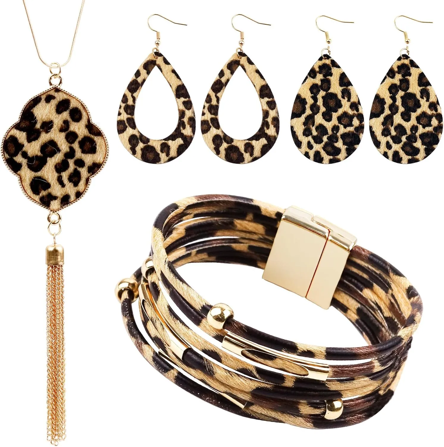 4 Pieces Leopard Jewelry Set Bohemia Earrings Bracelets Necklace Multilayer Leather Cuff Bracelet Long Tassel Leopard Print Pendant Necklace Teardrop Dangle Drop Earrings for Women