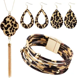 4 Pieces Leopard Jewelry Set Bohemia Earrings Bracelets Necklace Multilayer Leather Cuff Bracelet Long Tassel Leopard Print Pendant Necklace Teardrop Dangle Drop Earrings for Women