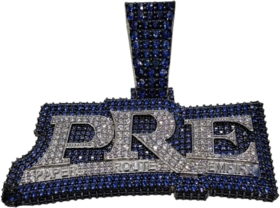 4.50 CT Round Lab Created Blue Sapphire & Diamond "PRE" Paper Route Empire Pendant Charm 14K White Gold Plated Over Sterling Silver