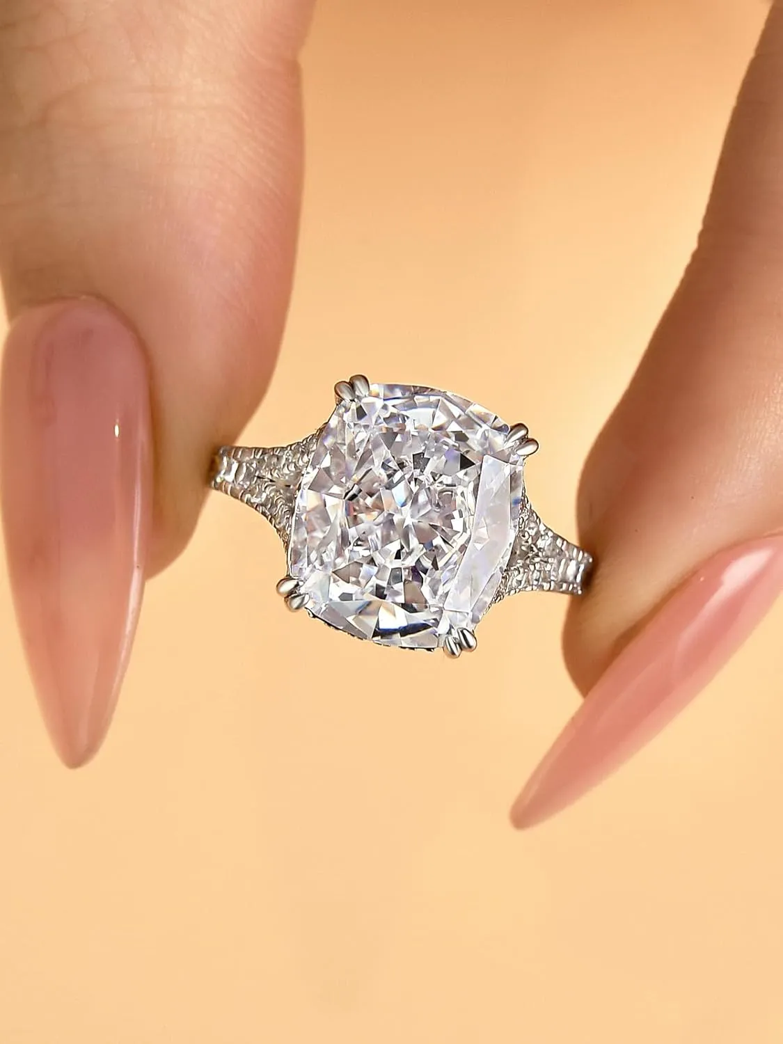 4.5CT Cushion Cut Engagement Ring with Split Shank, 925 Sterling Silver CZ Simulated Diamond Promise Ring for Women