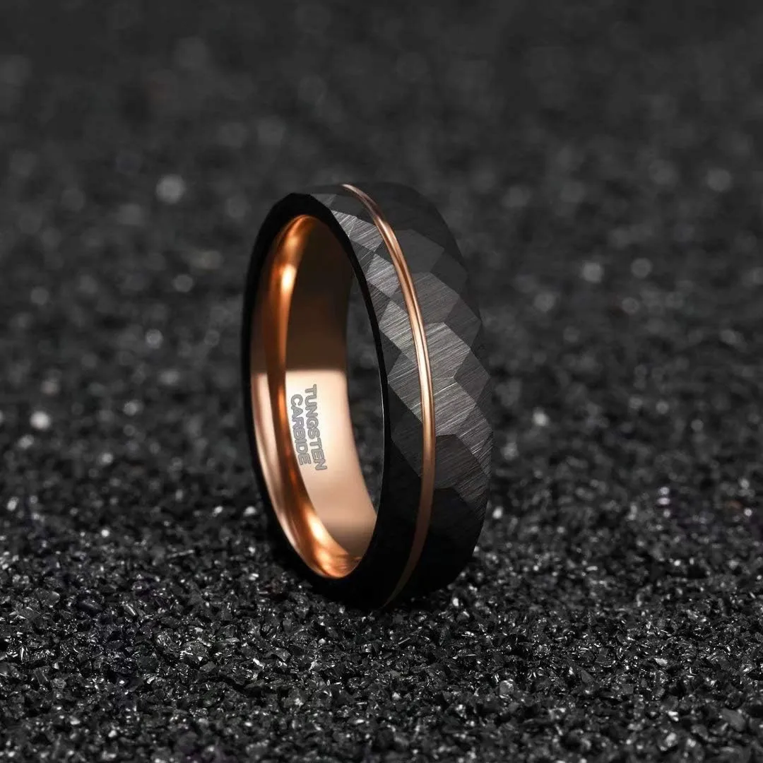 4mm 6mm 8mm Black Tungsten Rings for Men Women 24K Rose Gold Line Faceted Wedding Bands Ring Brushed Matte Finished Comfort Fit Size 5-14