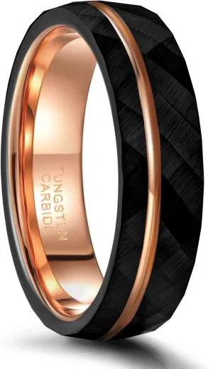 4mm 6mm 8mm Black Tungsten Rings for Men Women 24K Rose Gold Line Faceted Wedding Bands Ring Brushed Matte Finished Comfort Fit Size 5-14