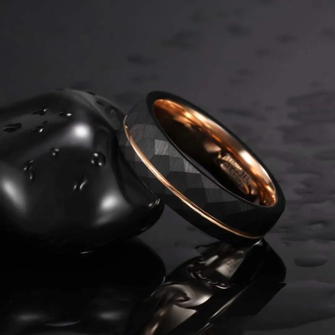 4mm 6mm 8mm Black Tungsten Rings for Men Women 24K Rose Gold Line Faceted Wedding Bands Ring Brushed Matte Finished Comfort Fit Size 5-14