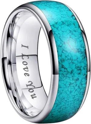 4mm 6mm 8mm Tungsten Rings for Men Women Engagement Wedding Bands Crushed Turquoise Inlay Domed I Love You Engraved Comfort Fit