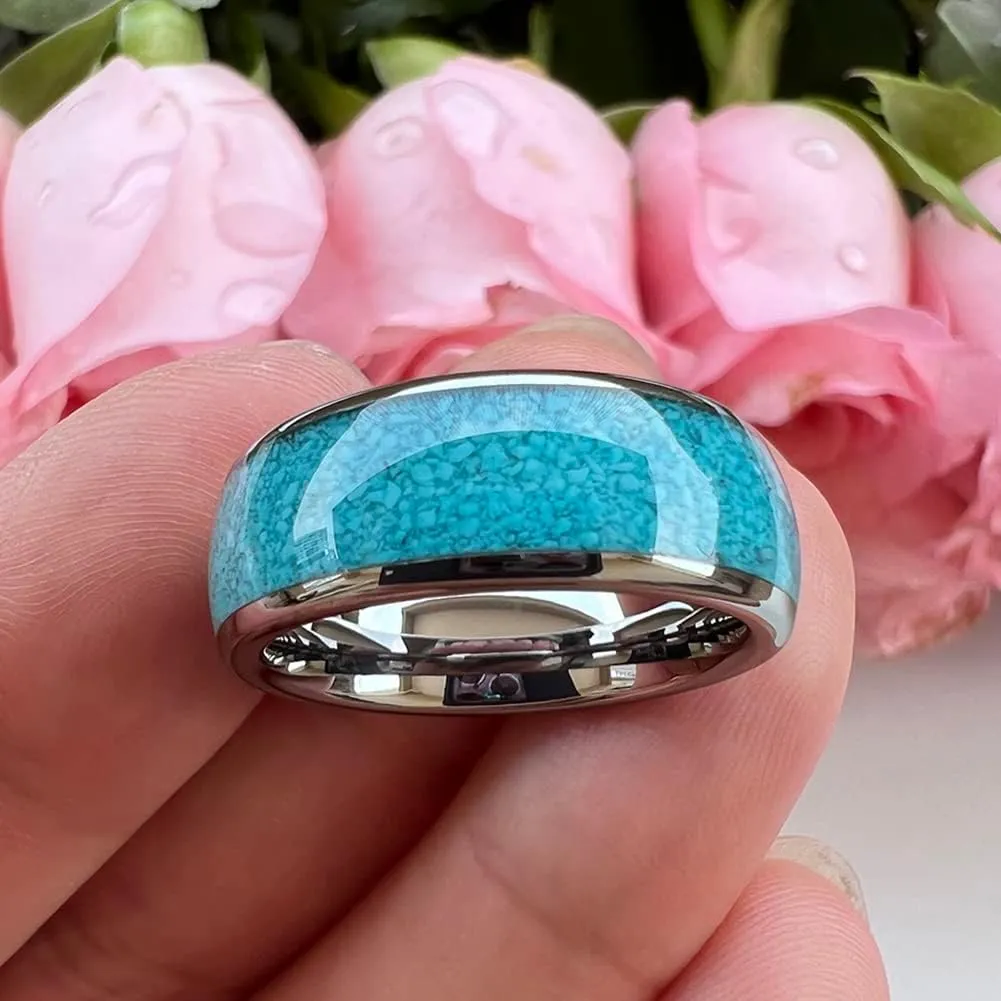 4mm 6mm 8mm Tungsten Rings for Men Women Engagement Wedding Bands Crushed Turquoise Inlay Domed I Love You Engraved Comfort Fit