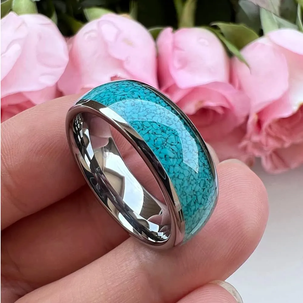 4mm 6mm 8mm Tungsten Rings for Men Women Engagement Wedding Bands Crushed Turquoise Inlay Domed I Love You Engraved Comfort Fit